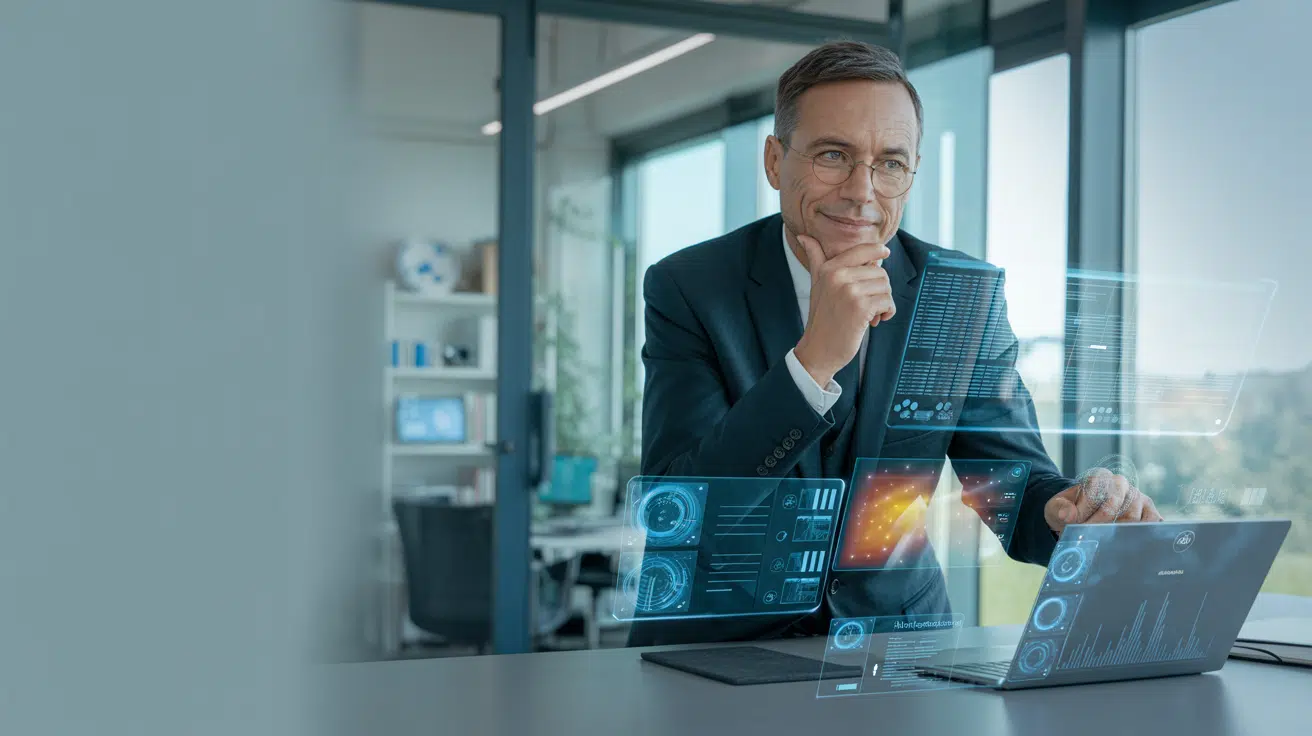 Digitale Transformation Mittelstand: Professioneller Geschäftsführer im modernen Büro arbeitet mit KI-gestützten Datenvisualisierungen und holografischen Dashboards, die praktische Anwendung digitaler Technologien in mittelständischen Unternehmen zeigend