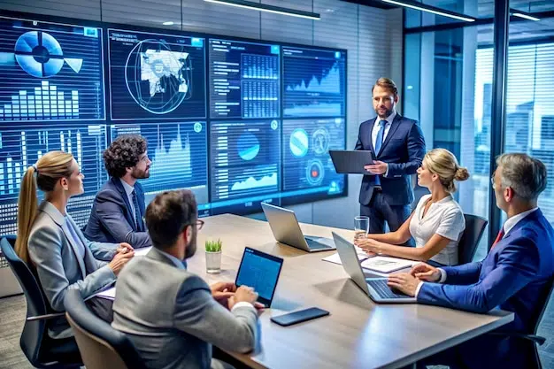 Manager in einem mittelständischen Unternehmen diskutieren KI Kompetenzen und Datenanalyse in einem modernen Meeting