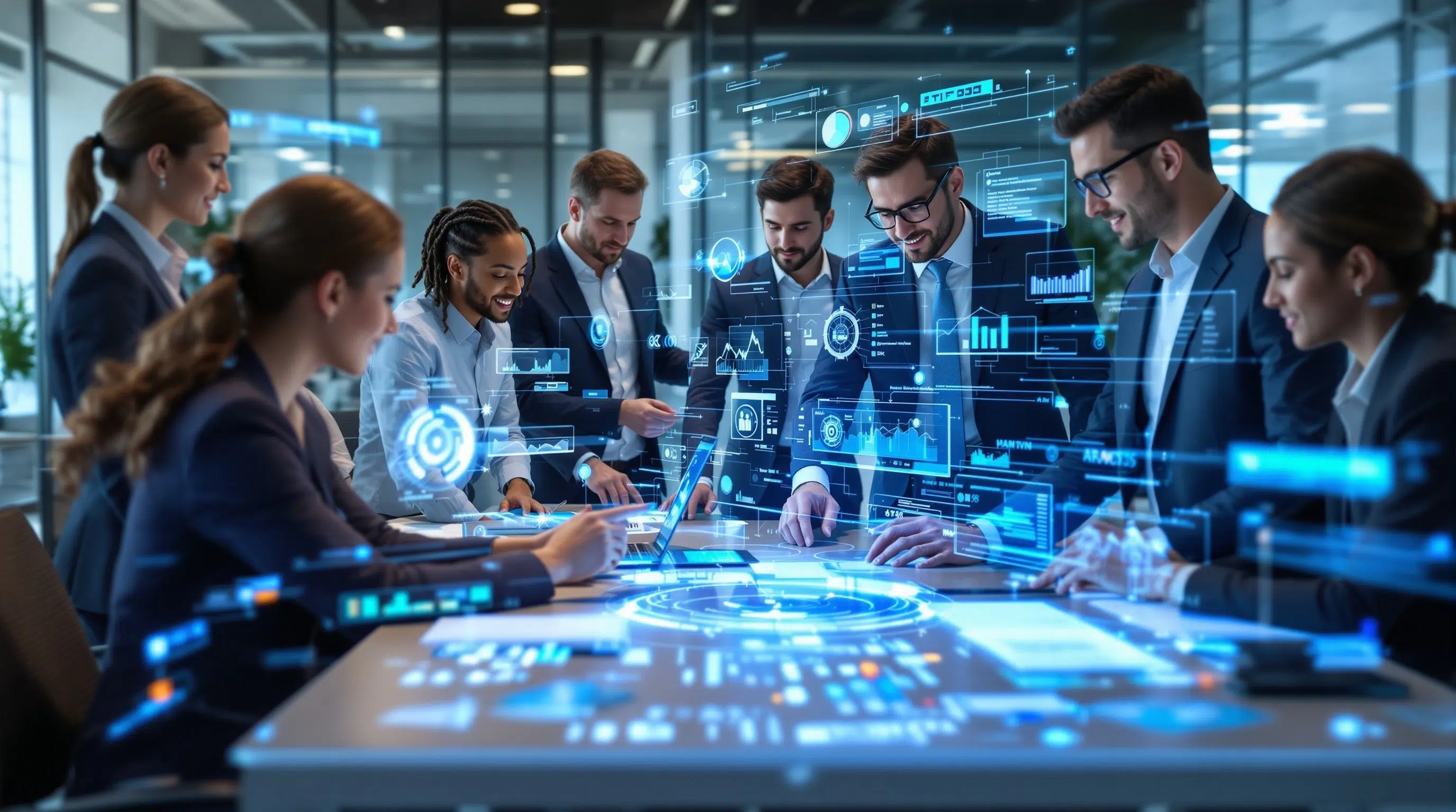 Moderne Büroumgebung zeigt KI in der Arbeitswelt mit Managern und digitalen Hologrammen