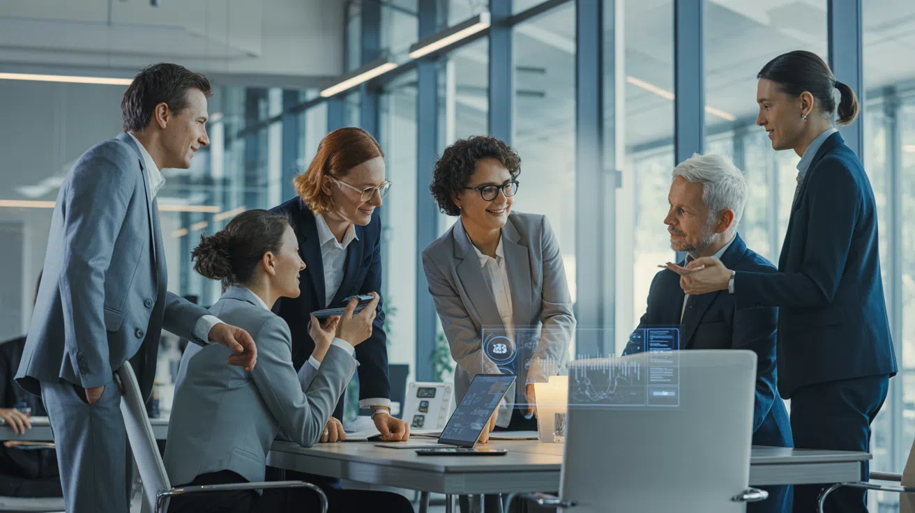 Kulturwandel Mittelstand: Manager und Führungskräfte in mittelständischen Unternehmen arbeiten mit KI-Tools und digitalen Technologien zusammen, um die Unternehmenskultur zu transformieren