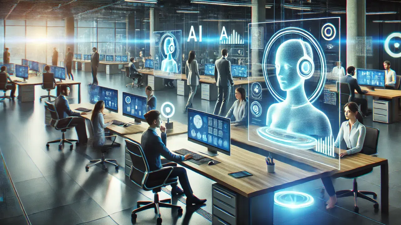 Manager in einem modernen Büro diskutieren KI Zukunft Arbeit und digitale Transformation im Mittelstand